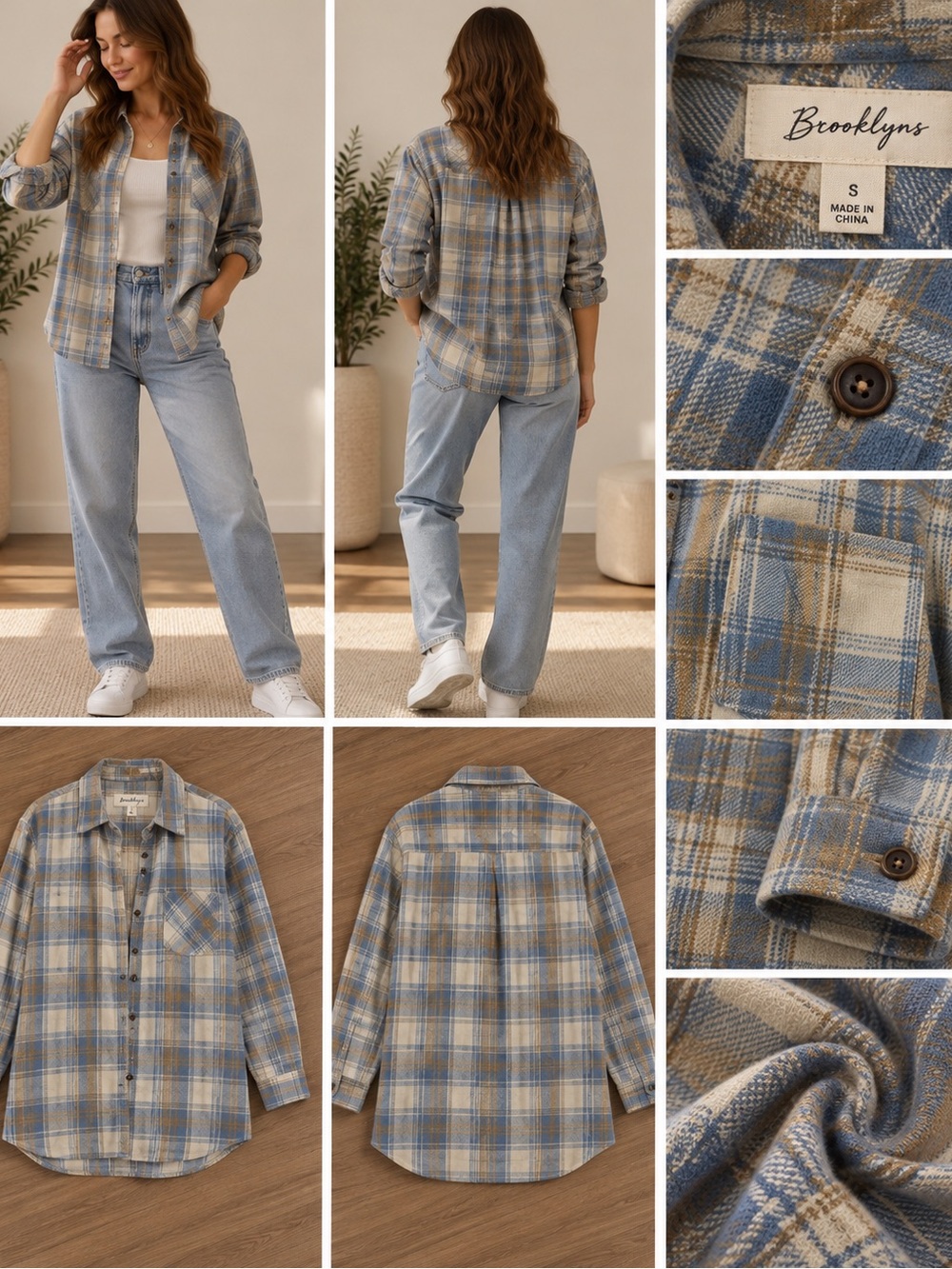 Women's Blue & Cream Plaid Straight-Leg Shirt Jacket